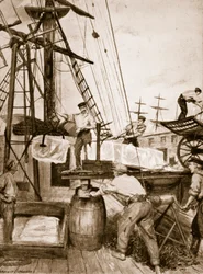 The Arrival and Unloading of a Norwegian ice-ship at a London wharf